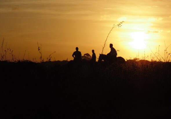 Homens em cavalos no pôr do sol